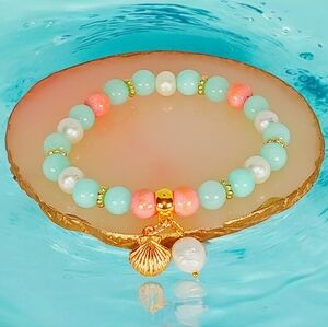 Chrysoprase Pearl & Mt Jade Scallop Shell & Pearl Charm Bracelet Lime Cream Y2K